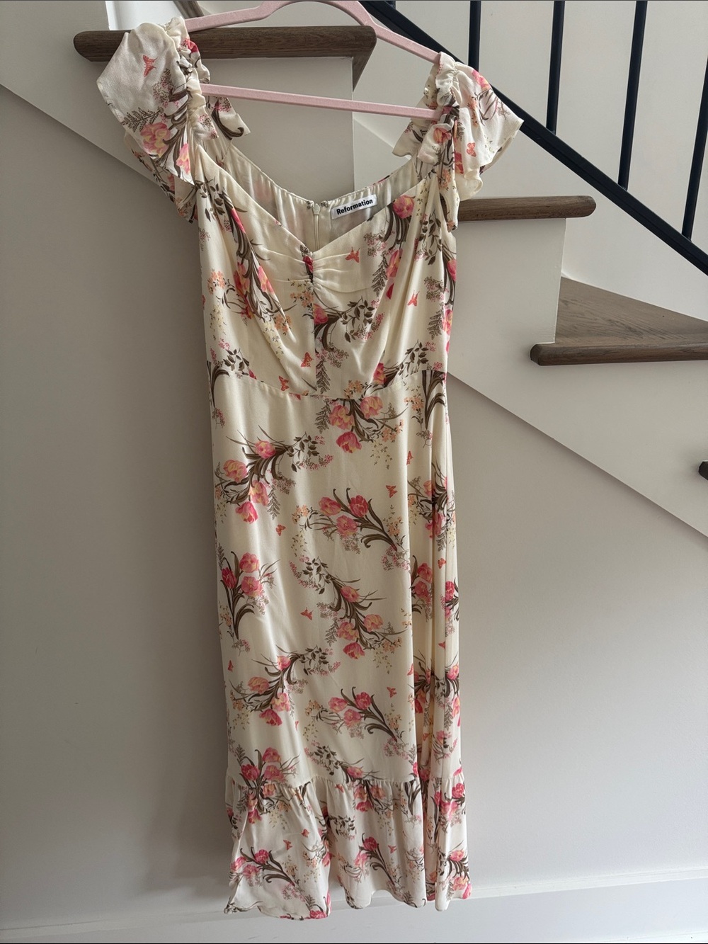 Reformation Cream Midi Dress with Pink Floral Print and Brown Accents
